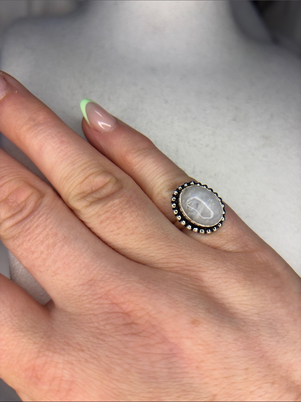 Silver Moonstone Oval Halo Ring - White Moonstone